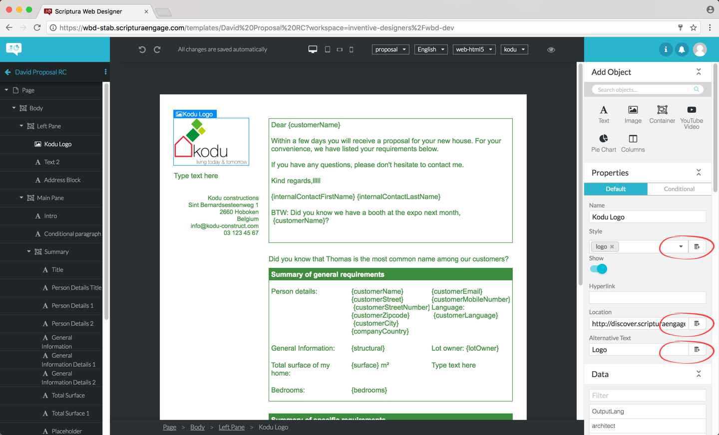 insert data field in property