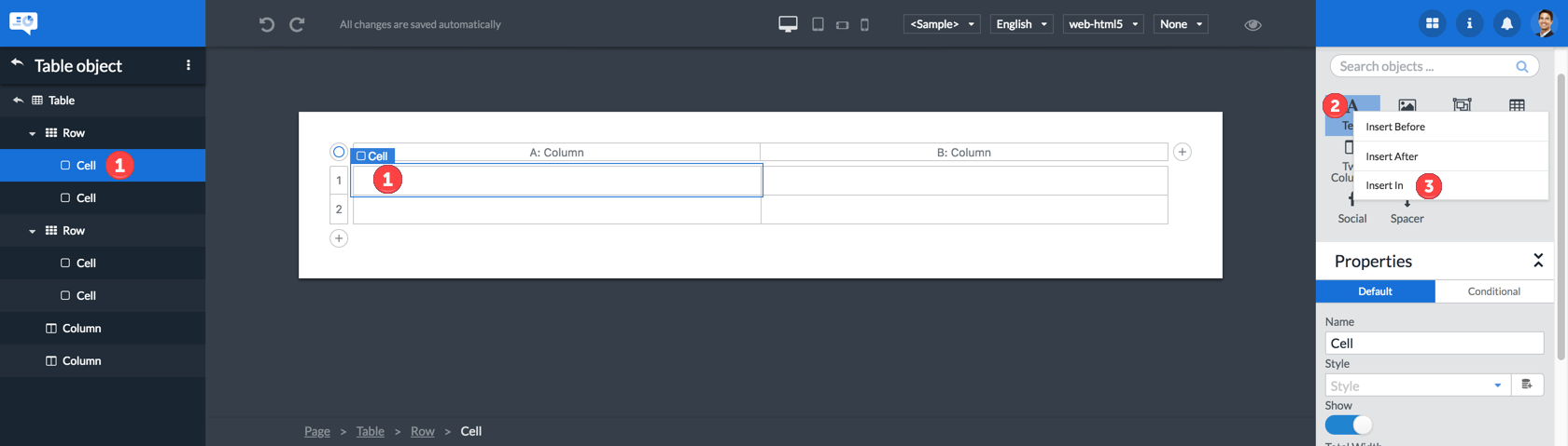 insert object in table cell