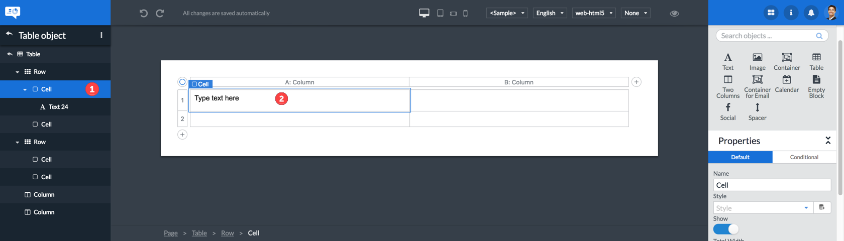 insert text object in table cell